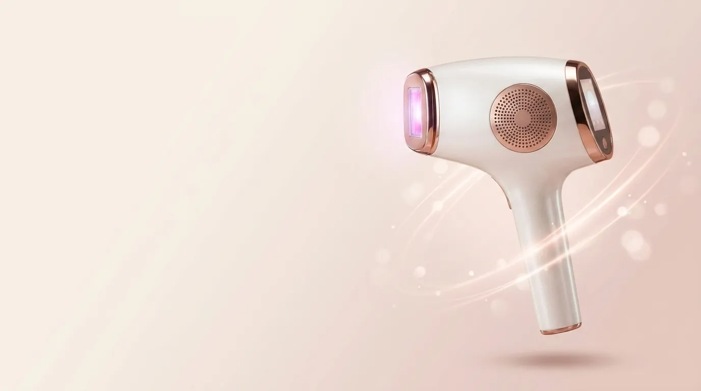 INNZA IPL hair removal handset in pearl white with rose-gold detailing, its flash window glowing pink