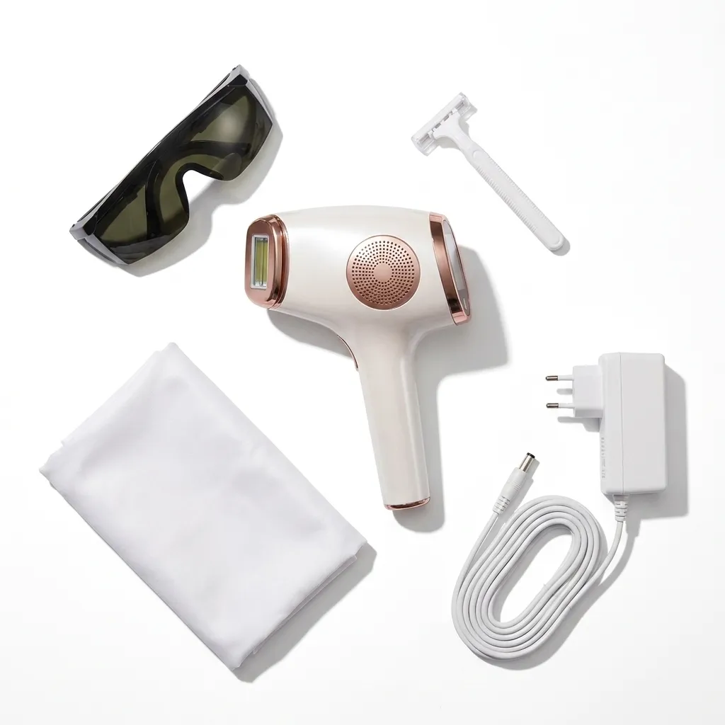 Overhead flat lay of the INNZA kit: handset, safety goggles, razor, adapter and pouch