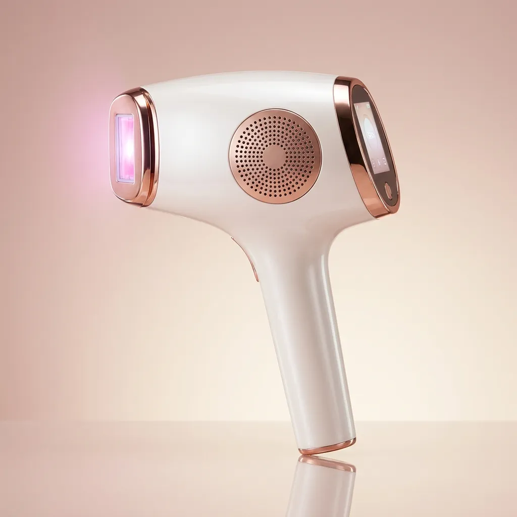 INNZA IPL hair removal handset shown at a three-quarter angle with its magenta flash window lit