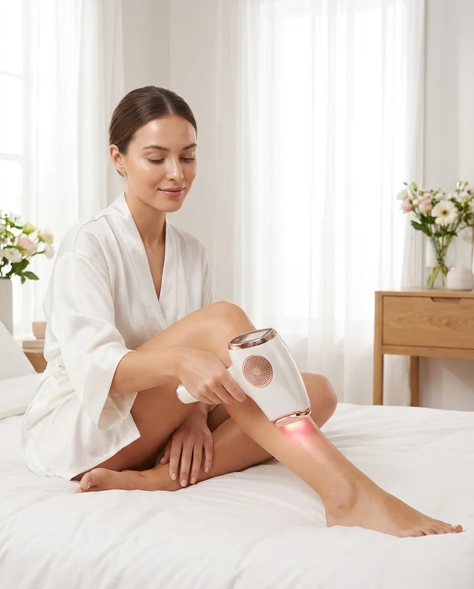 A woman treating her lower leg with the INNZA IPL handset while sitting on a bed