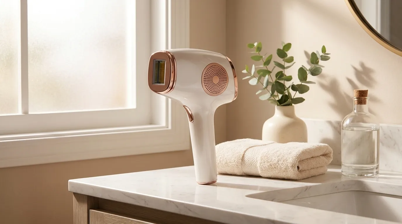 The INNZA handset standing on a white marble bathroom vanity